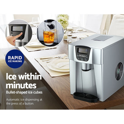 Devanti 2L machine dispensing bullet-shaped ice cubes into basket.
