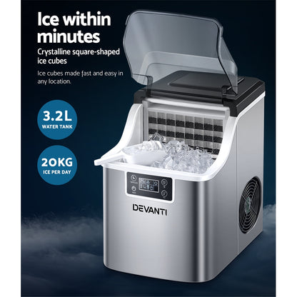 Close-up of the Devanti ice maker dispensing 24 freshly made ice cubes from the removable basket.