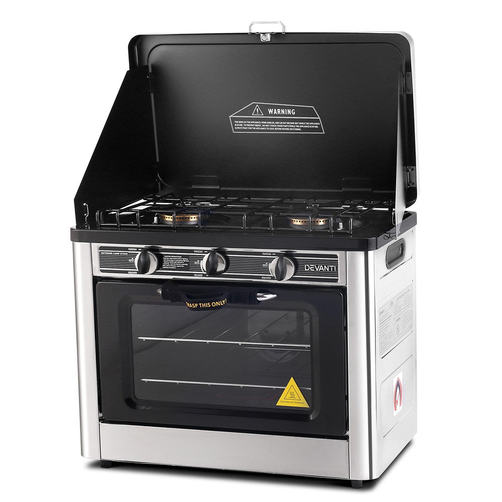 Devanti portable gas oven and stove front view in silver stainless steel