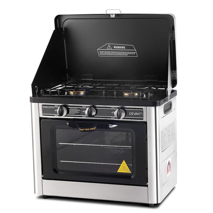 Devanti portable gas oven and stove front view in silver stainless steel