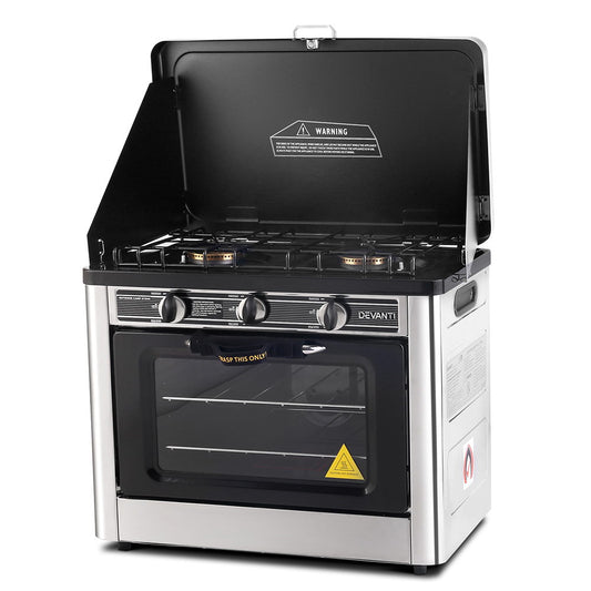 Devanti portable gas oven and stove front view in silver stainless steel