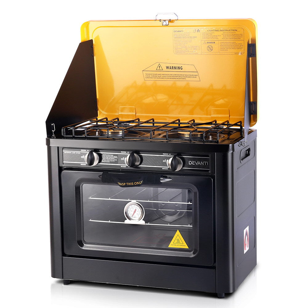 Front view of the Devanti portable gas oven and twin burner stove in black stainless steel design.