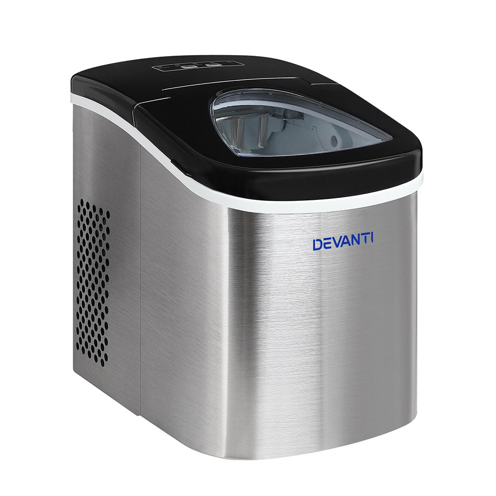 Sleek stainless steel Devanti 2.4L portable ice cube maker shown on a kitchen countertop with lid closed.
