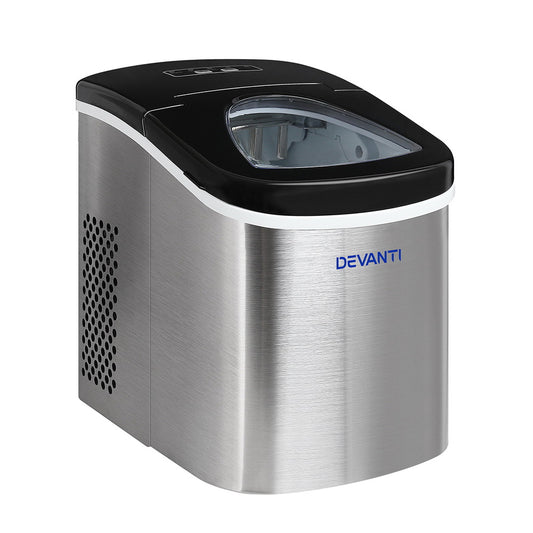 Sleek stainless steel Devanti 2.4L portable ice cube maker shown on a kitchen countertop with lid closed.