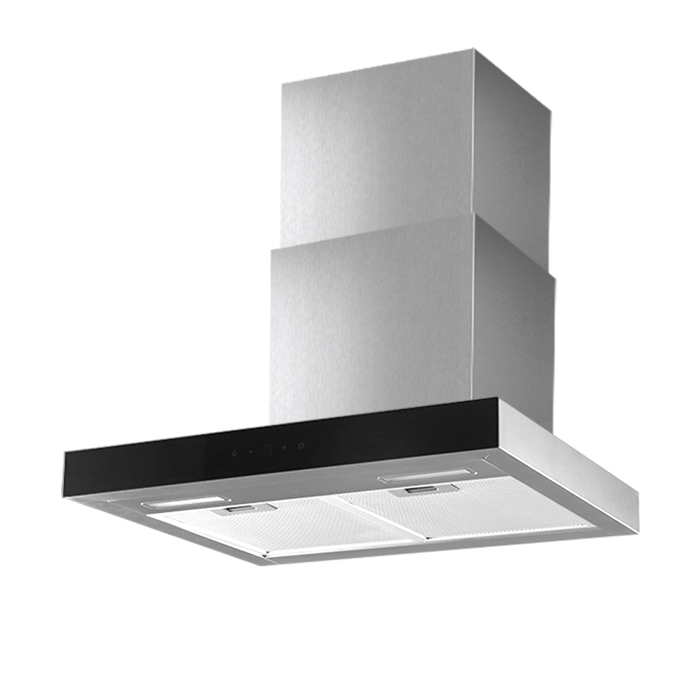 Front view of Devanti 600mm black tempered glass range hood