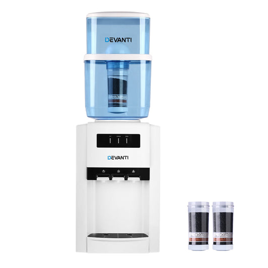Front view of the Devanti 22L Water Cooler showing all three water taps and LED indicators.