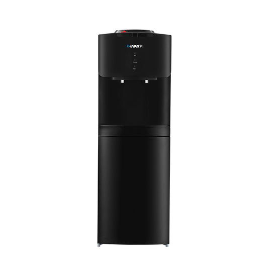 Front view of Devanti black water cooler showing dual taps and LED indicators.