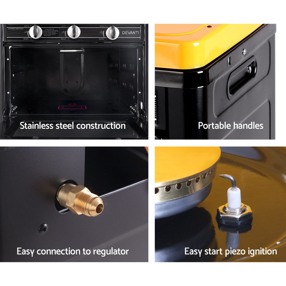 Push-in piezo burner ignition button for easy and safe flame starting on the Devanti stove.