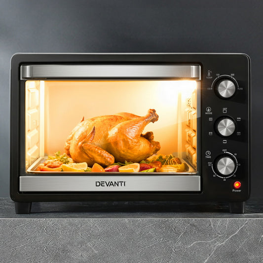 Devanti toaster oven with a roasted turkey inside on a gray background