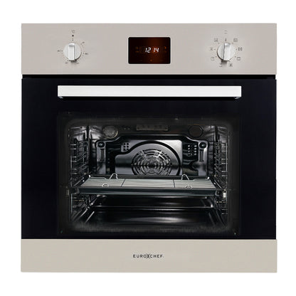 Front view of EuroChef 80L fan forced built-in electric oven in stainless steel