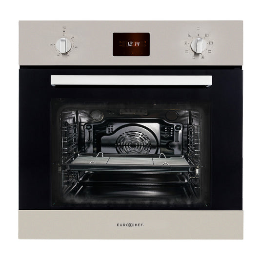 Front view of EuroChef 80L fan forced built-in electric oven in stainless steel