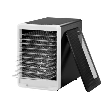 Black and white food dehydrator with transparent trays on a white background