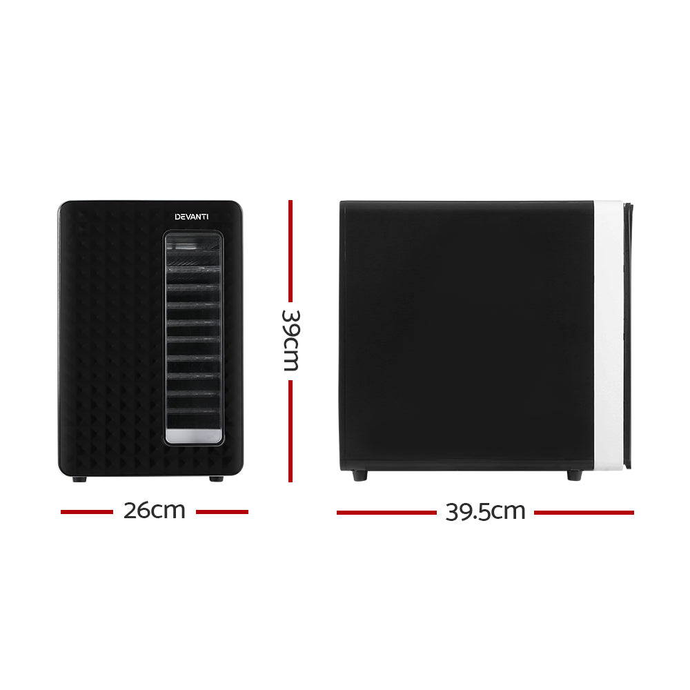 Two black electronic devices with measurements indicated on a white background