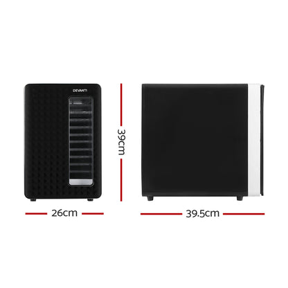 Two black electronic devices with measurements indicated on a white background