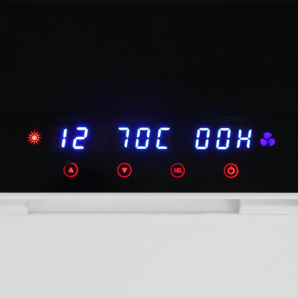 Digital display with time, temperature, and hours on a black background