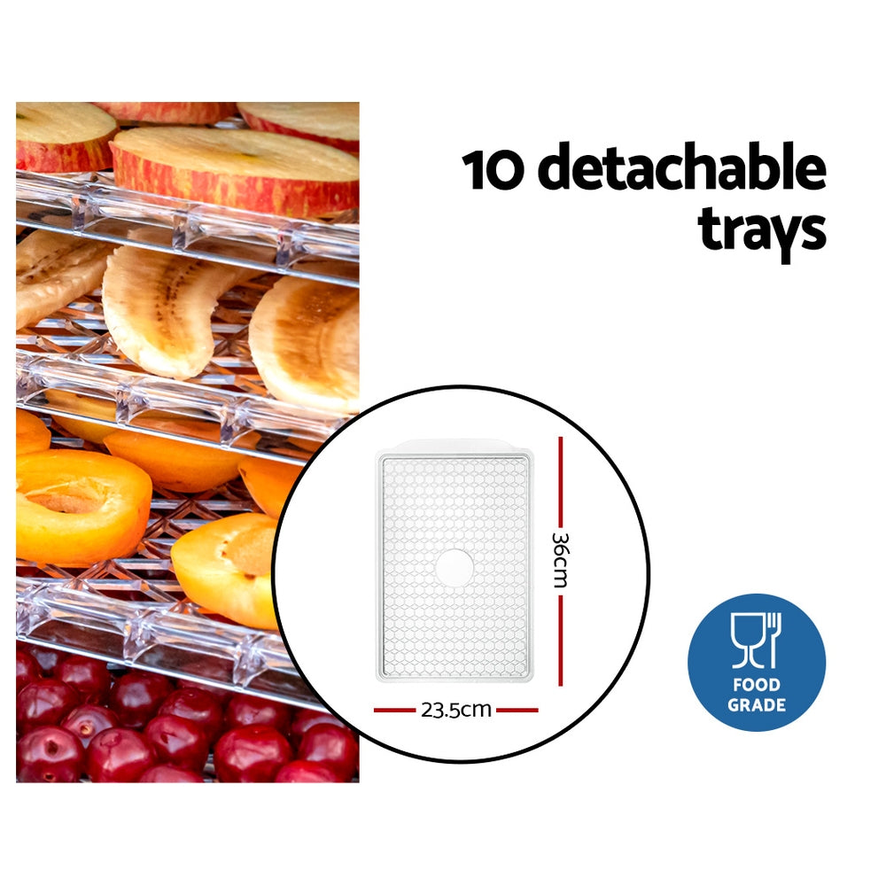 Food dehydrator trays with apples, apricots, and cherries, showing dimensions and food grade label.