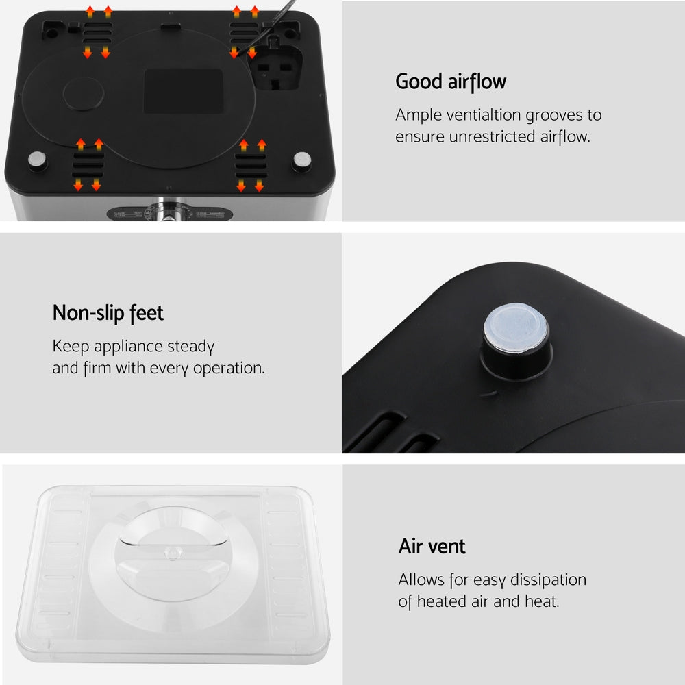 Product features including good airflow, non-slip feet, and air vent on a white background.