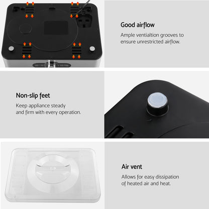 Product features including good airflow, non-slip feet, and air vent on a white background.