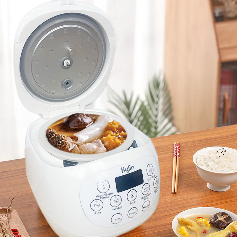 A healthy meal of rice and soup prepared using the Kylin cooker, served for a family of 3.