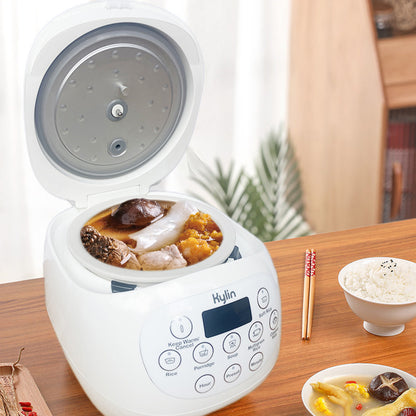 A healthy meal of rice and soup prepared using the Kylin cooker, served for a family of 3.
