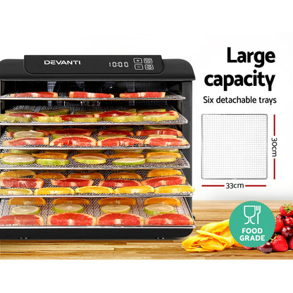 The dehydrator in use with trays filled with sliced fruits and meats, showing spacious and organized drying.