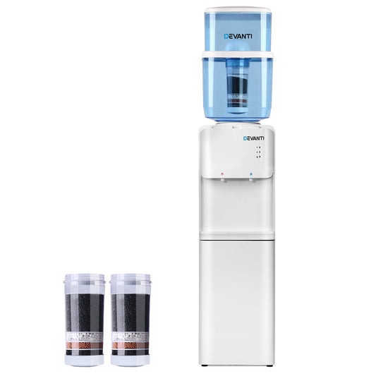 Front-facing image of the Devanti Water Cooler showing hot/cold spouts and LED indicators.