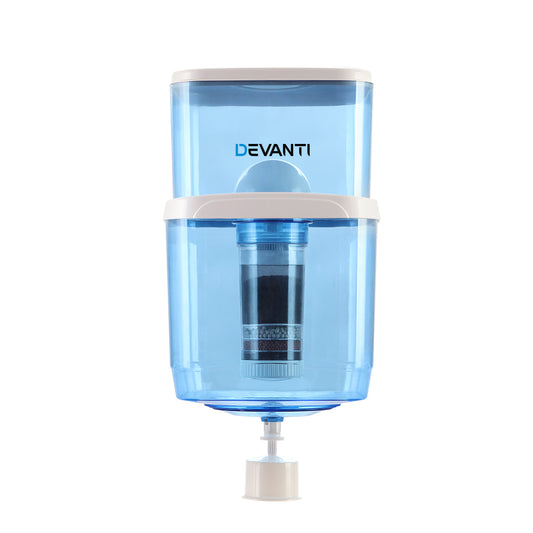 Showcasing the clear body and top lid of the 22L filtered water container.