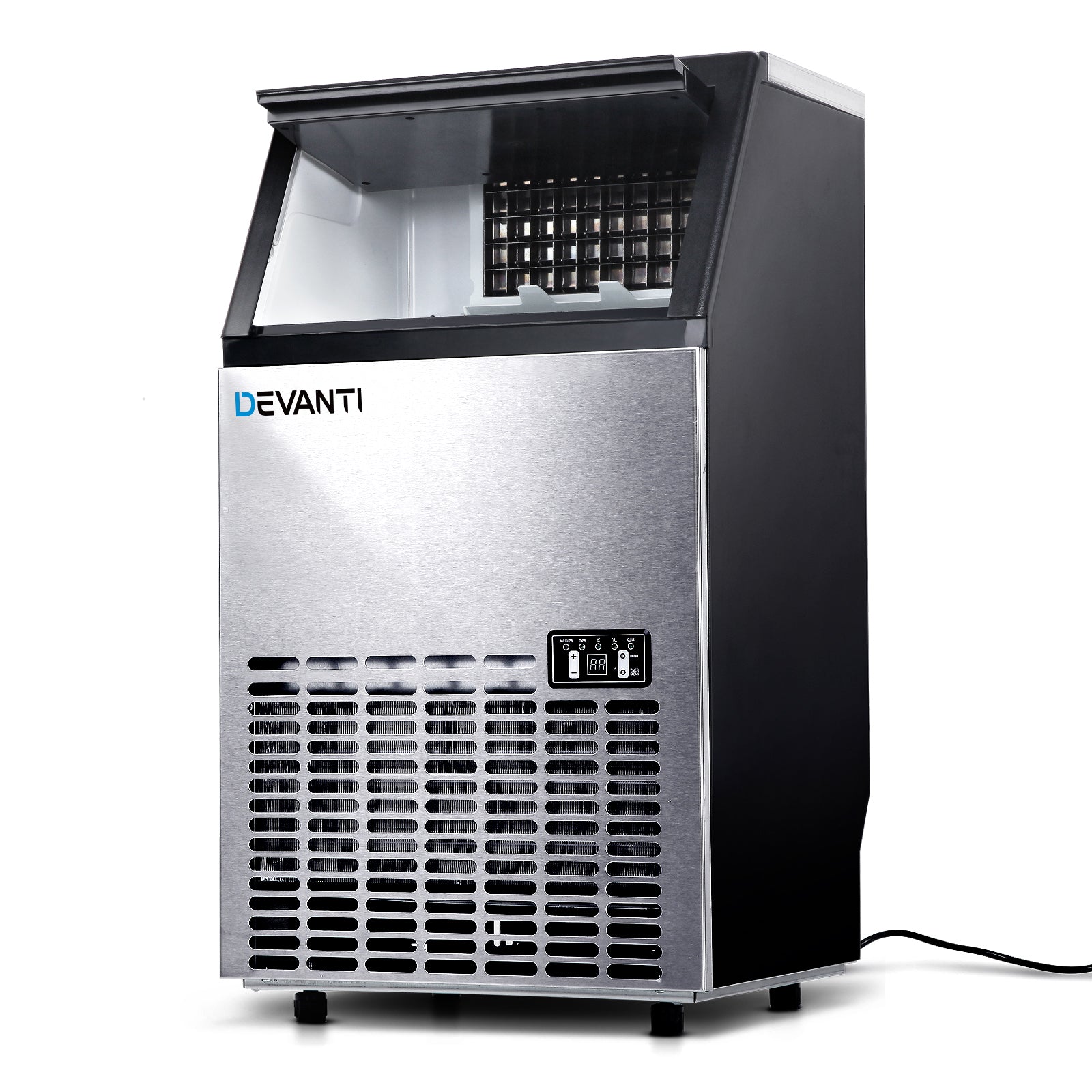 The sleek stainless-steel front of the Devanti Ice Maker, showcasing its compact design and LED control interface.