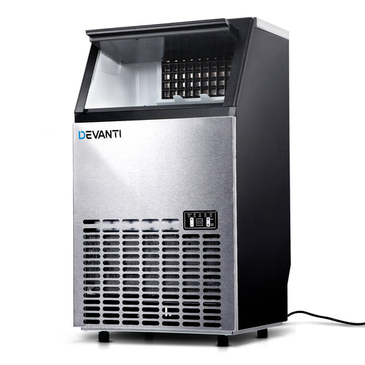 The sleek stainless-steel front of the Devanti Ice Maker, showcasing its compact design and LED control interface.