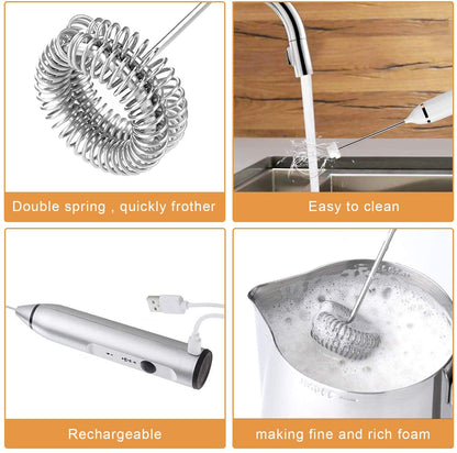Stainless steel whisk head on handheld milk frother
