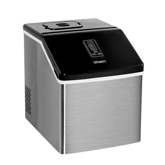Stainless steel and black ice maker with 'Devanti' branding on a white background