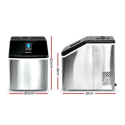 Two stainless steel ice makers with dimensions indicated on a white background
