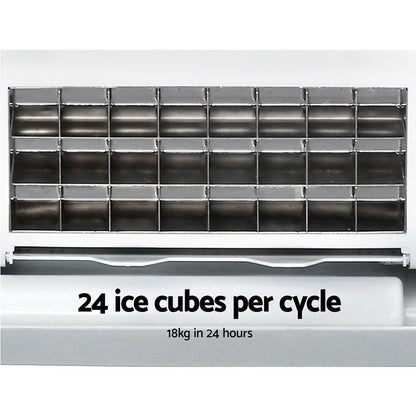 Ice maker with text indicating 24 ice cubes per cycle and 18kg in 24 hours.