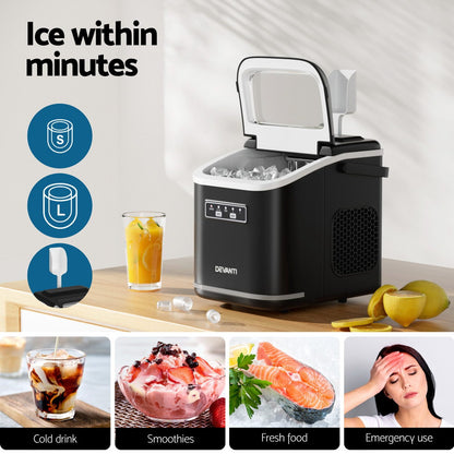 Ice cubes forming inside the Devanti ice maker with lid open, showcasing interior tray and ice production.