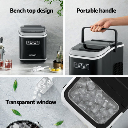 The ice maker placed on a kitchen counter next to glasses, highlighting its compact design.