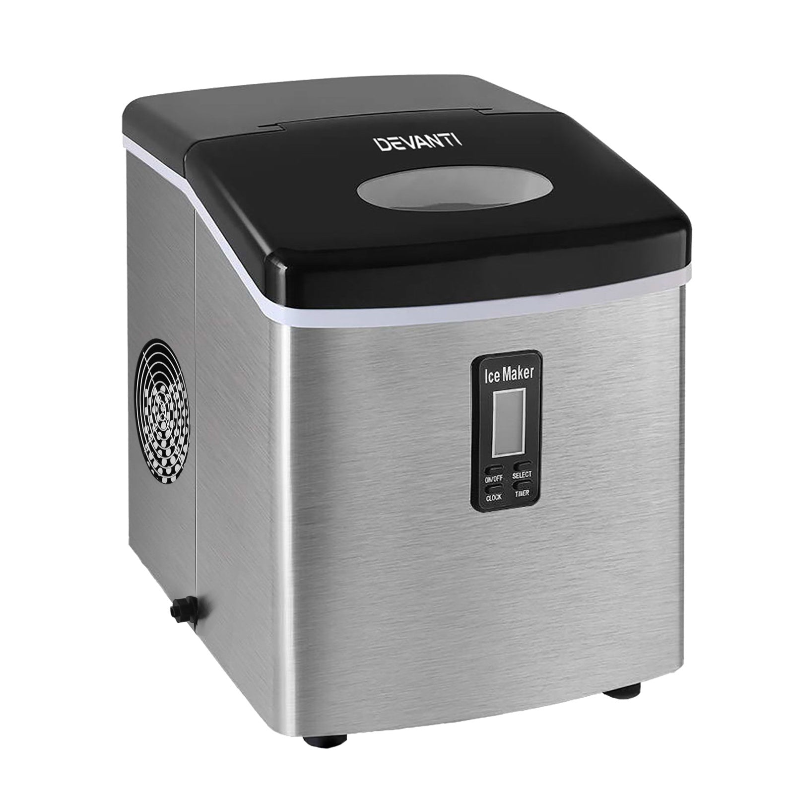 Devanti ice maker with black top and silver body on a white background