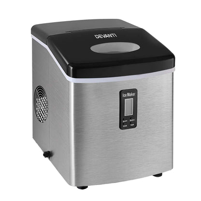 Devanti ice maker with black top and silver body on a white background