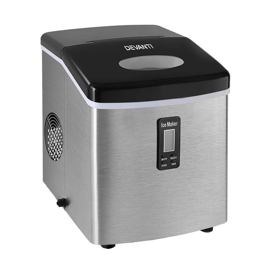 Devanti ice maker with black top and silver body on a white background