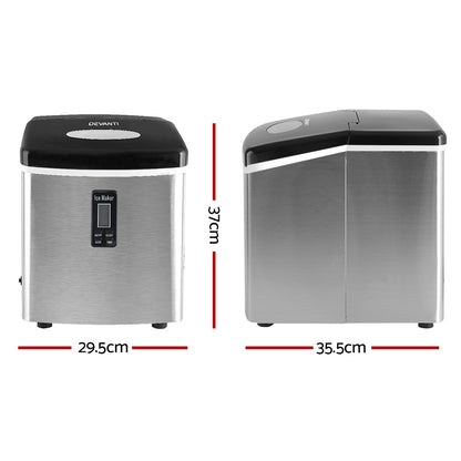 Two De'Longhi ice makers with dimensions labeled on a white background