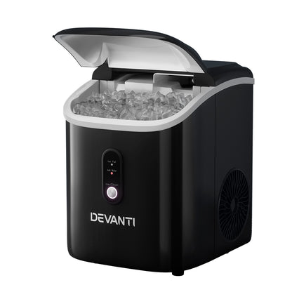Black Devanti ice maker with ice cubes inside on a white background