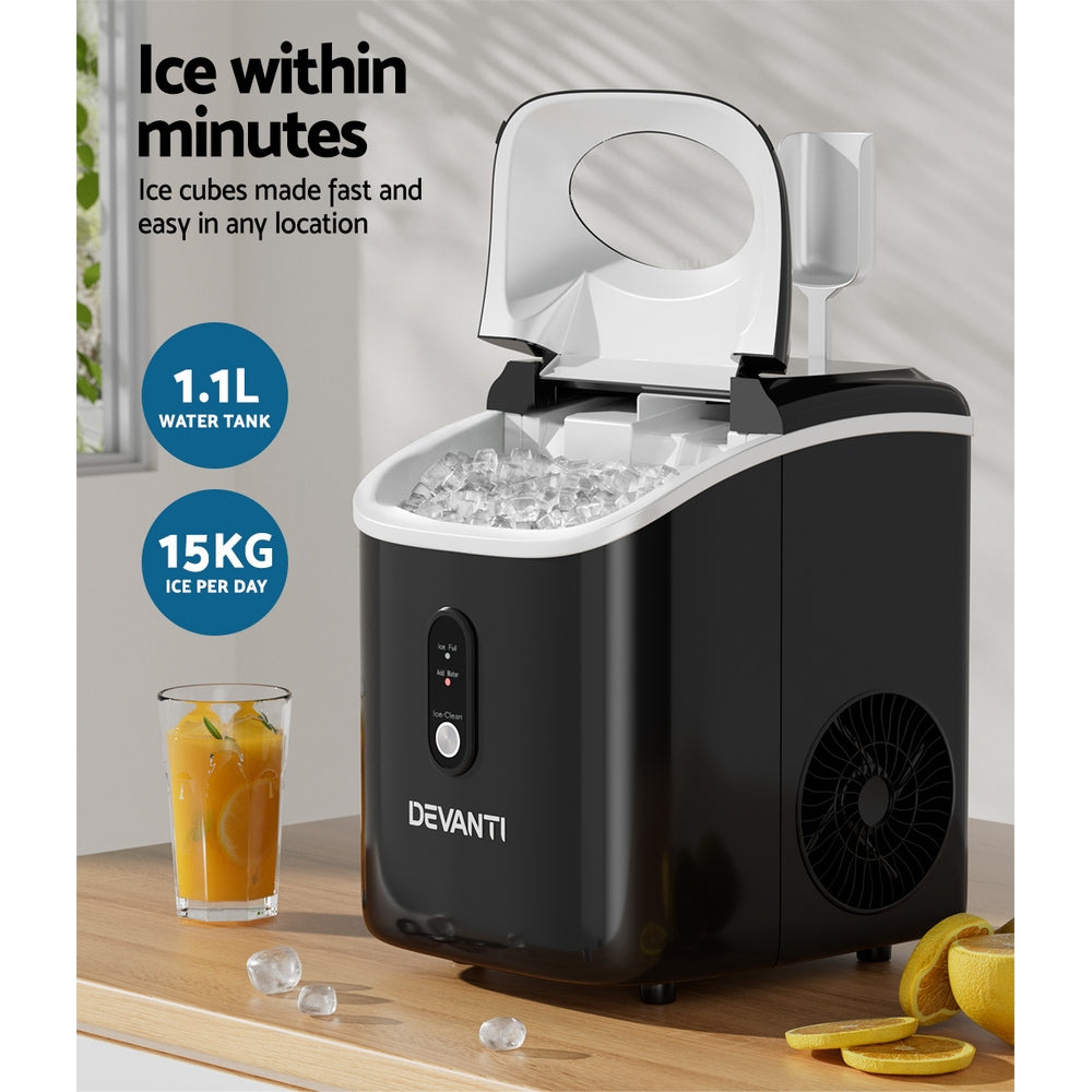 Devanti ice maker with ice cubes and a glass of juice on a wooden surface.