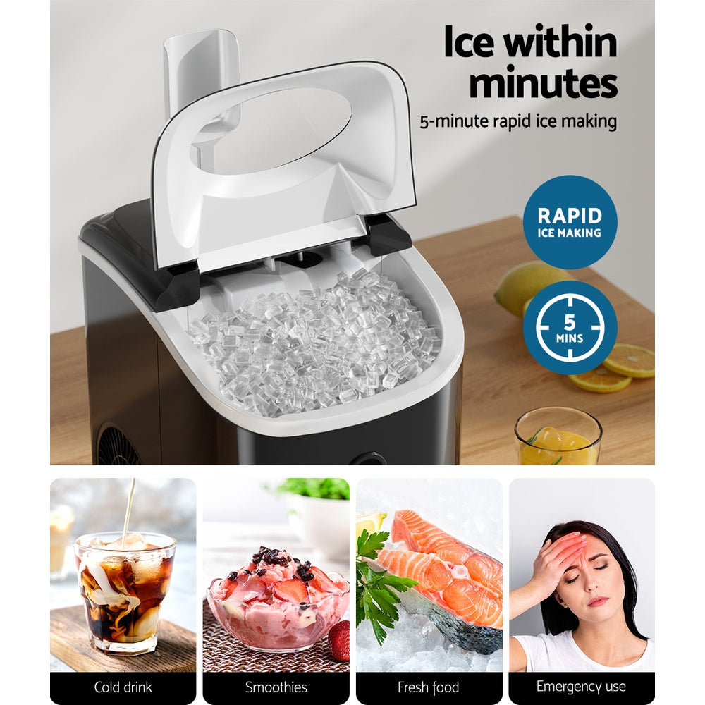 Ice maker with ice cubes on a wooden surface, surrounded by images of its uses including drinks, food, and emergencies.