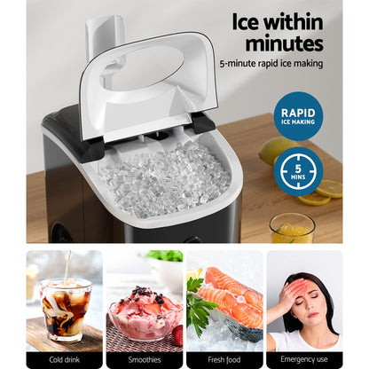 Ice maker with ice cubes on a wooden surface, surrounded by images of its uses including drinks, food, and emergencies.