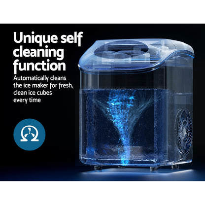 Ice maker with blue lighting and text highlighting self-cleaning function on a black background