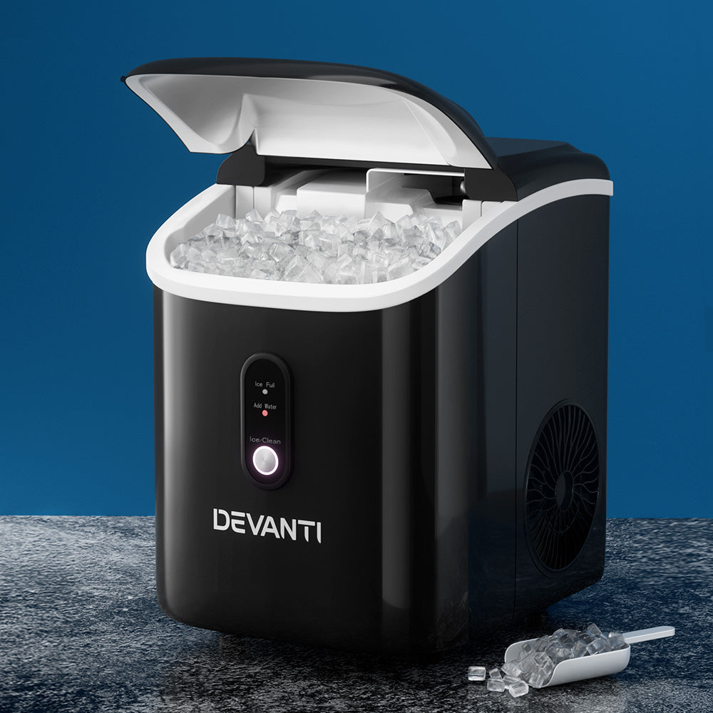 Devanti ice maker with ice cubes on a blue background