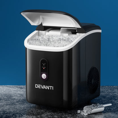 Devanti ice maker with ice cubes on a blue background