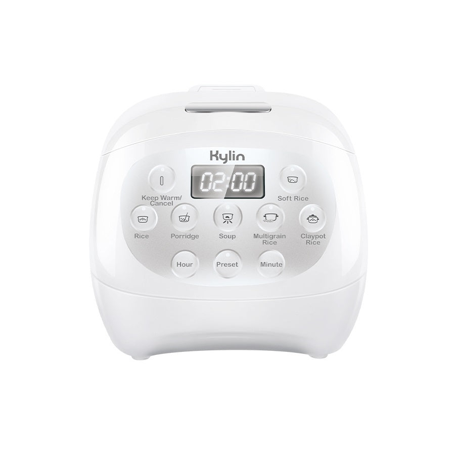 Front view of Kylin 3-cup ceramic rice cooker with sleek white finish and compact design.
