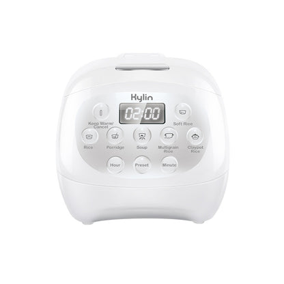 Front view of Kylin 3-cup ceramic rice cooker with sleek white finish and compact design.