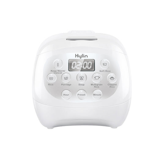 Front view of Kylin 3-cup ceramic rice cooker with sleek white finish and compact design.
