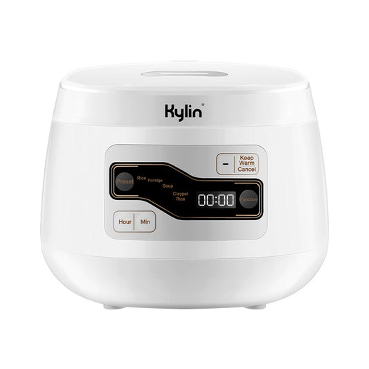 Front view of the Kylin 2L Ceramic Rice Cooker in white, showcasing its sleek design and digital display.